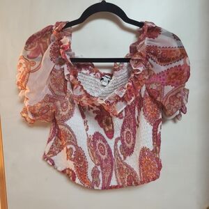 Express Pink & Orange Paisley Smocked Puff-Sleeve Blouse